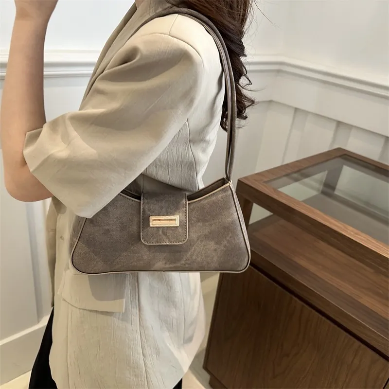 Retro Frosted PU Leather Baguette Underarm Bag For Women Rectangular Metal Buckle Vintage Solid Color Crossbody Handbag