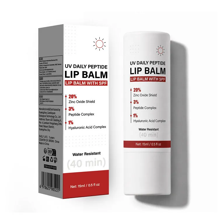 Balsamo Labbra Quotidiano ai Peptidi UV SPF Ossido di Zinco Acido Ialuronico Idratante Protezione Solare Resistente all'Acqua