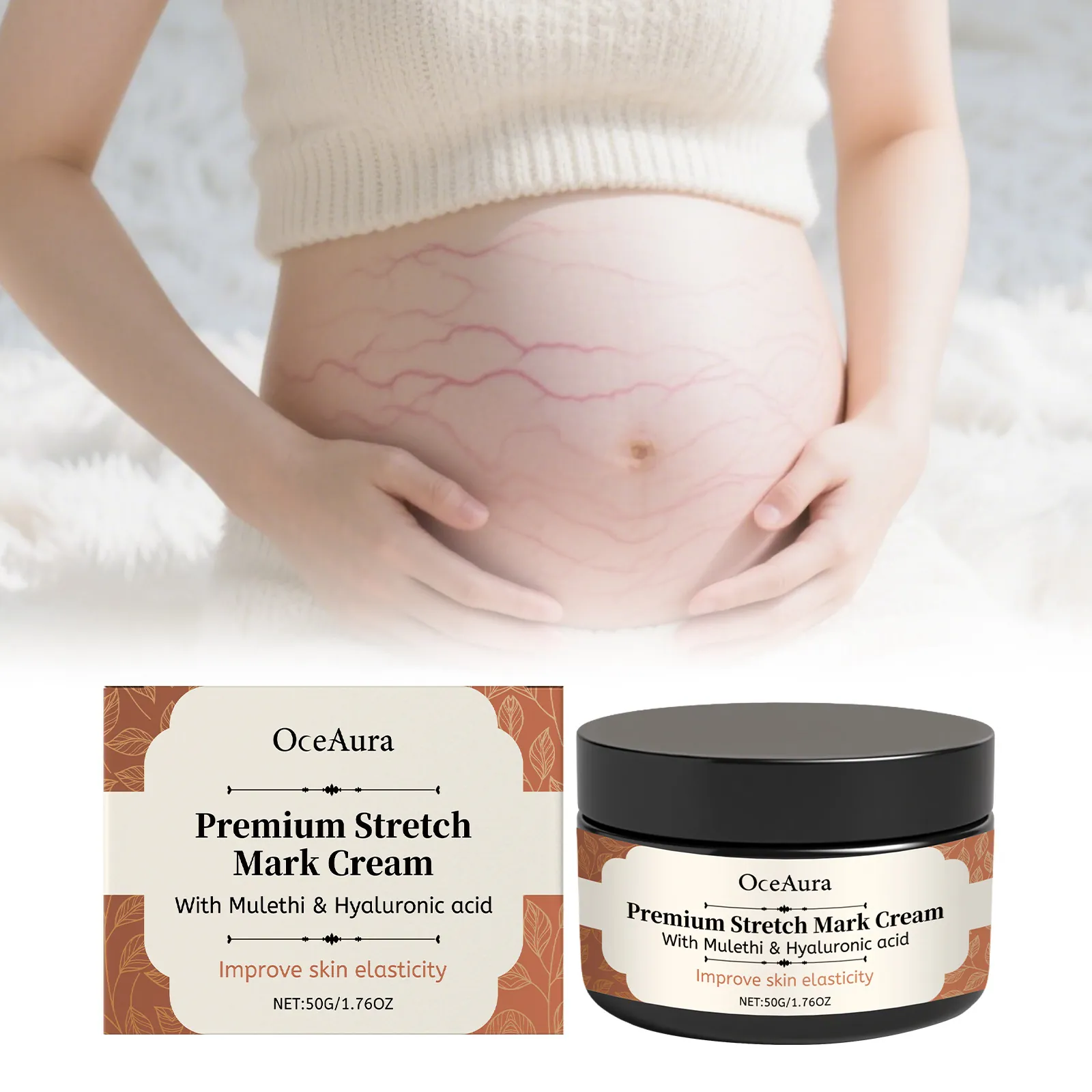 OCEAURA Crème Réparatrice Vergetures Grossesse 50g Crème Corporelle Hydratante Avec Acide Hyaluronique et Extrait de Mulethi