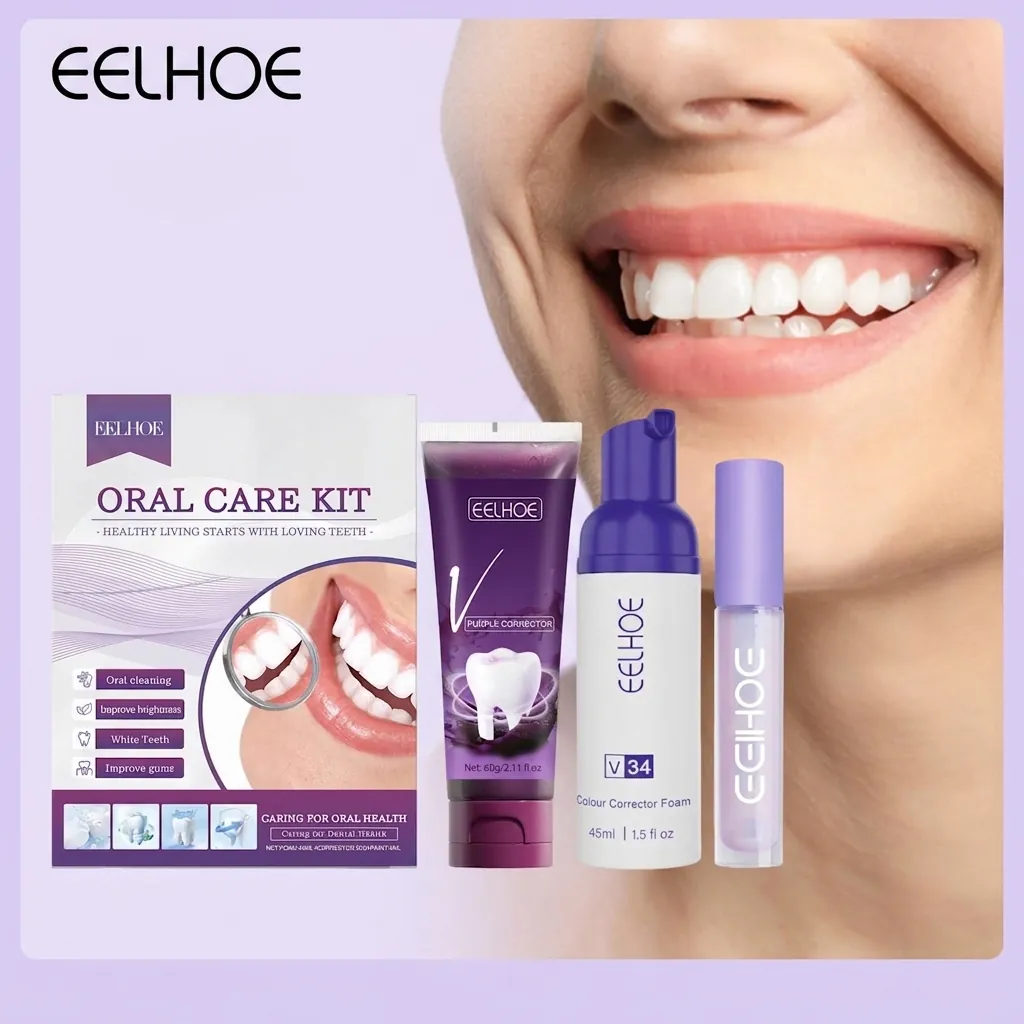 EELHOE V34 Kit Correcteur de Couleur de Dents Violet Blanchiment des Dents Dentifrice Mousse Stylo Gel Réparateur Set Nettoyage