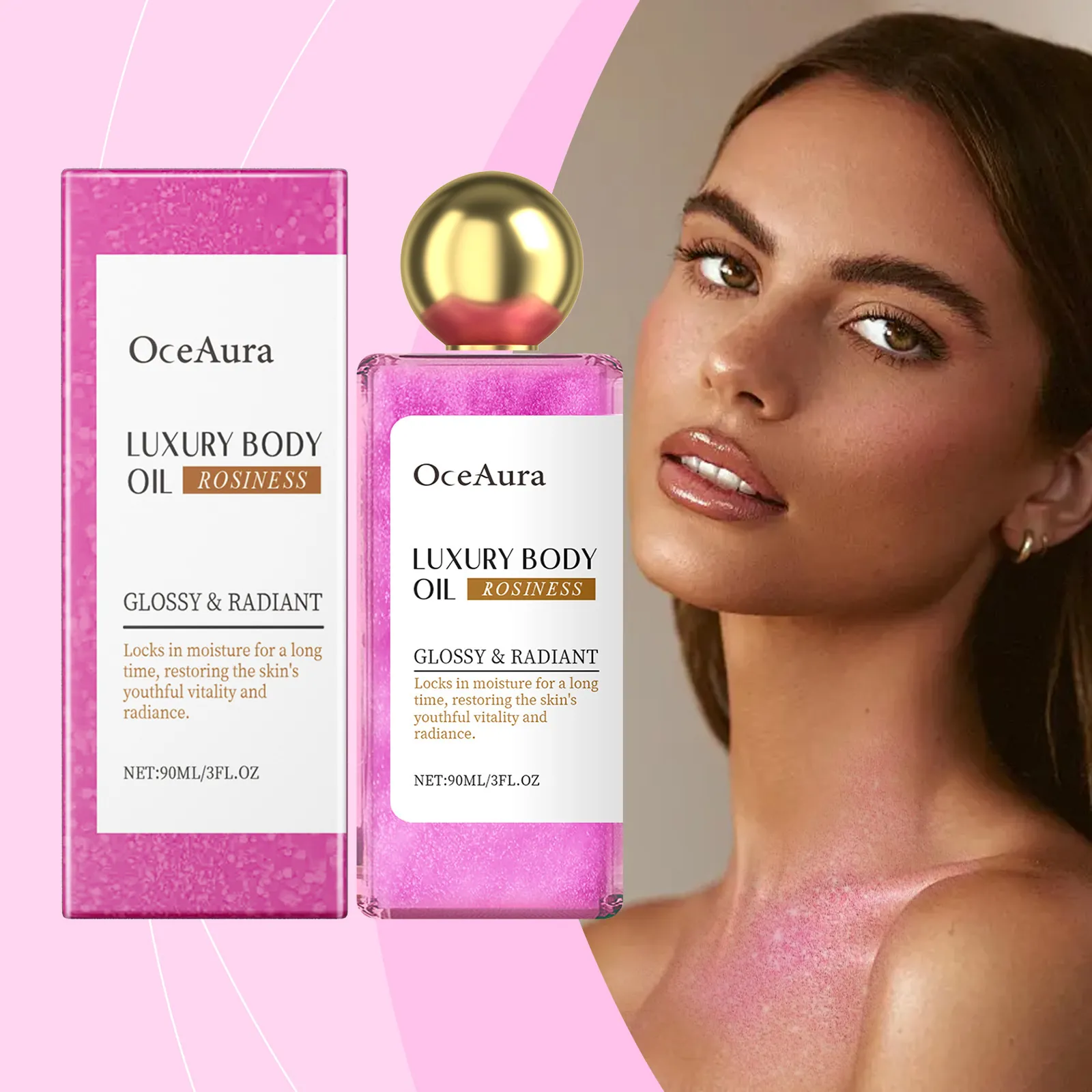 OceAura Rosiness Luxus Schimmer Körperöl Feuchtigkeitsspendend Aufhellend Pink Glitzer Glow Essence Für Gesicht Körper Damen Party Makeup