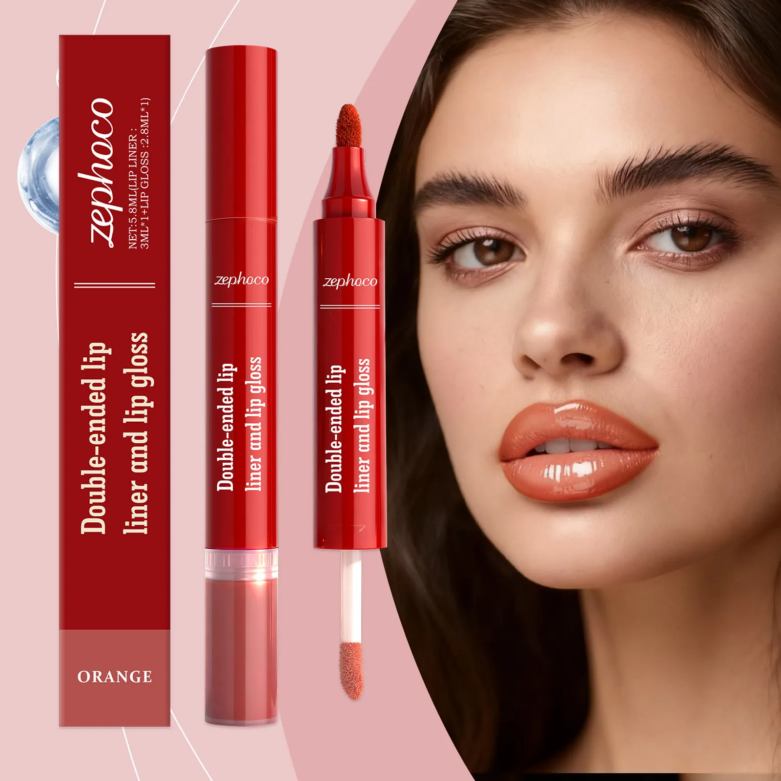 Coffret 2-en-1 Brillant à Lèvres et Crayon à Lèvres à Double Extrémité Rouge Orangé Hydratant Soyeux Maquillage des Lèvres
