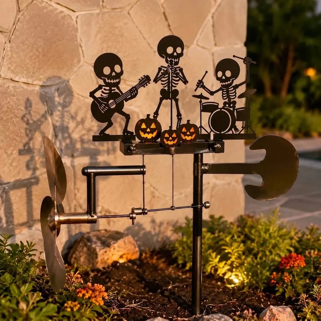 Girandola Cinetica Halloween Banda di Scheletri Decorazione Giardino Esterno Zucca Batterista Scheletro Ornamenti