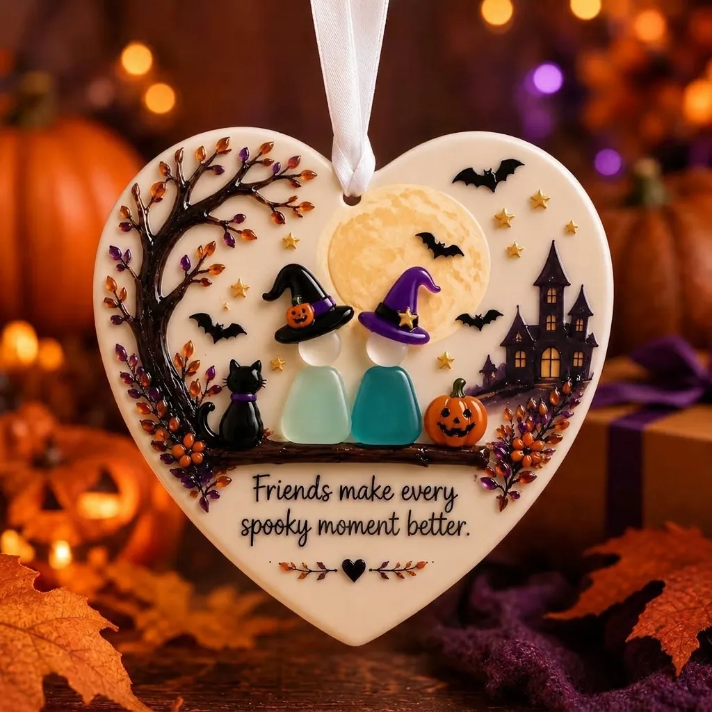 Ornamento a Cuore di Vetro Marino di Halloween Regalo di Amicizia Con Motivo a Zucca e Gatto Per Decorazione Casa Festa