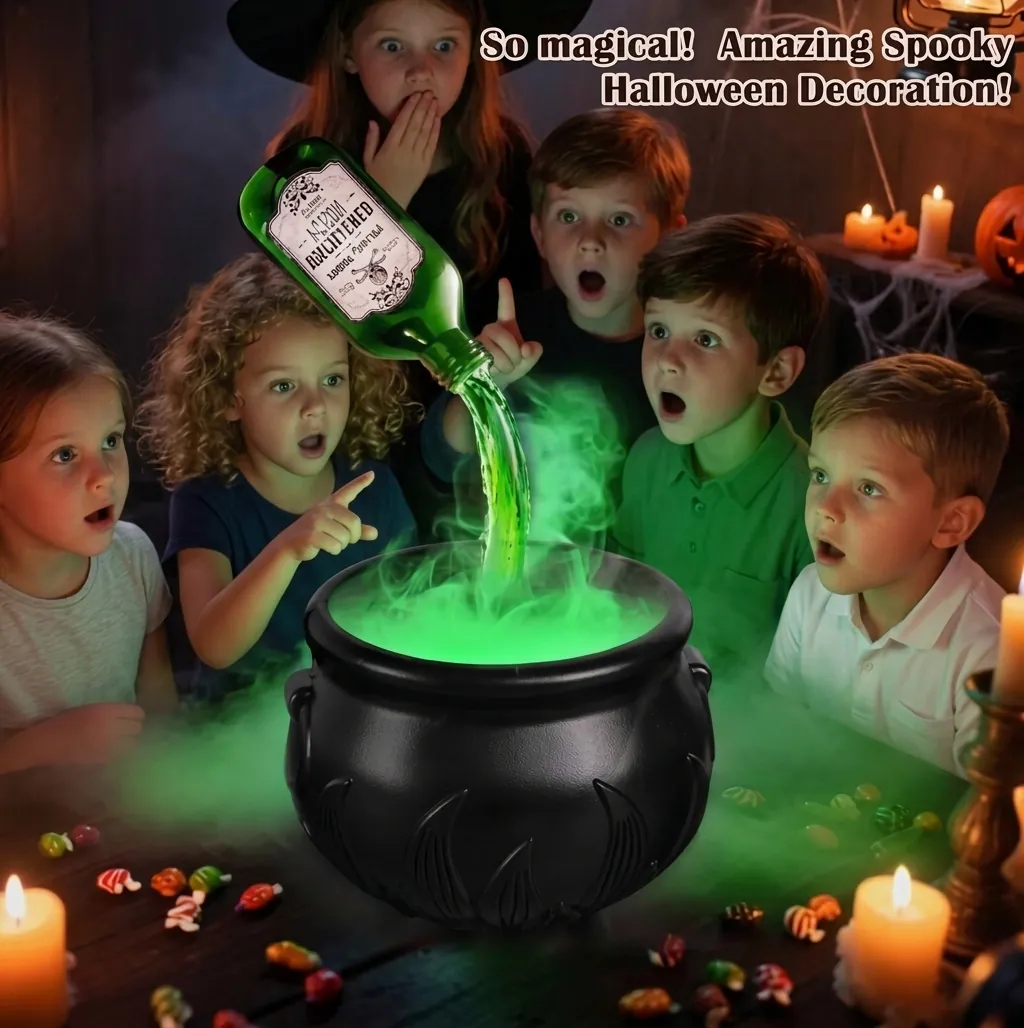 Halloween Witch Cauldron Fogger With Green Led Light Skeleton Decor Plastic Kettle Fog Machine For Indoor Party Decoration