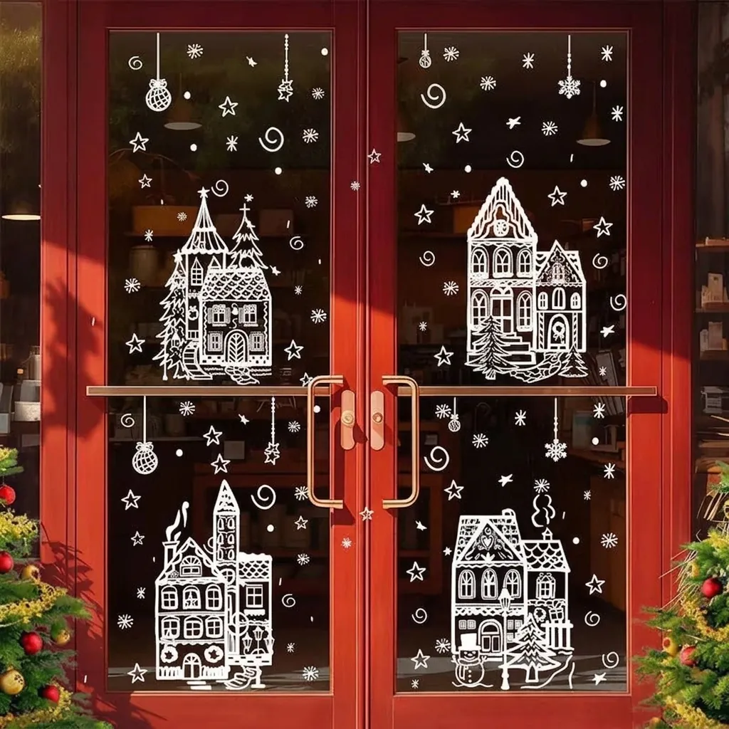 Autocollants de Fenêtre Village de Noël Blancs Art Linéaire Flocon de Neige Décalcomanies PVC Statiques pour Décoration Maison