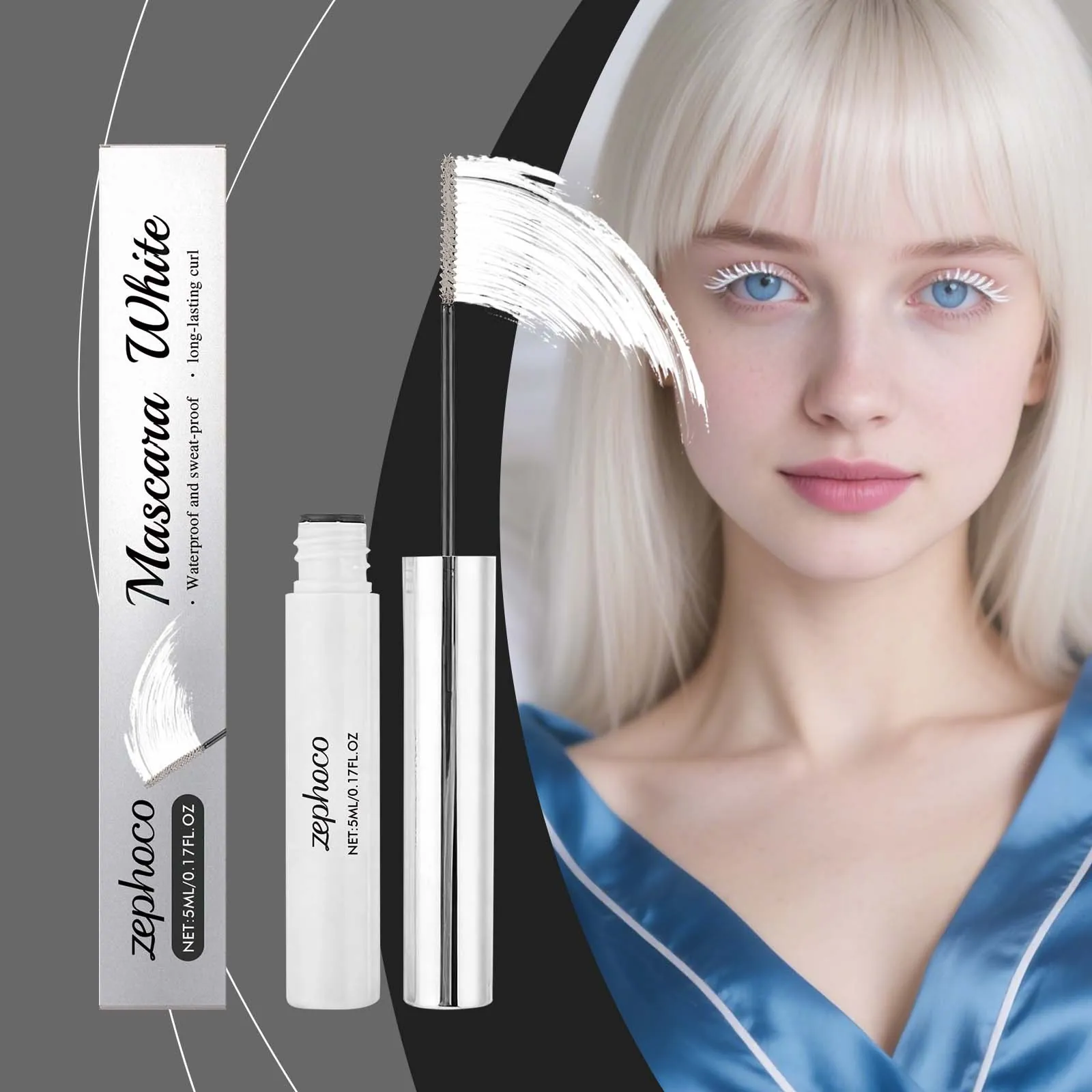 Zephoco Mascara Blanc Recourbant Imperméable Longue Durée Extension de Cils Naturels Maquillage des Yeux Pour Femmes Look Artistique