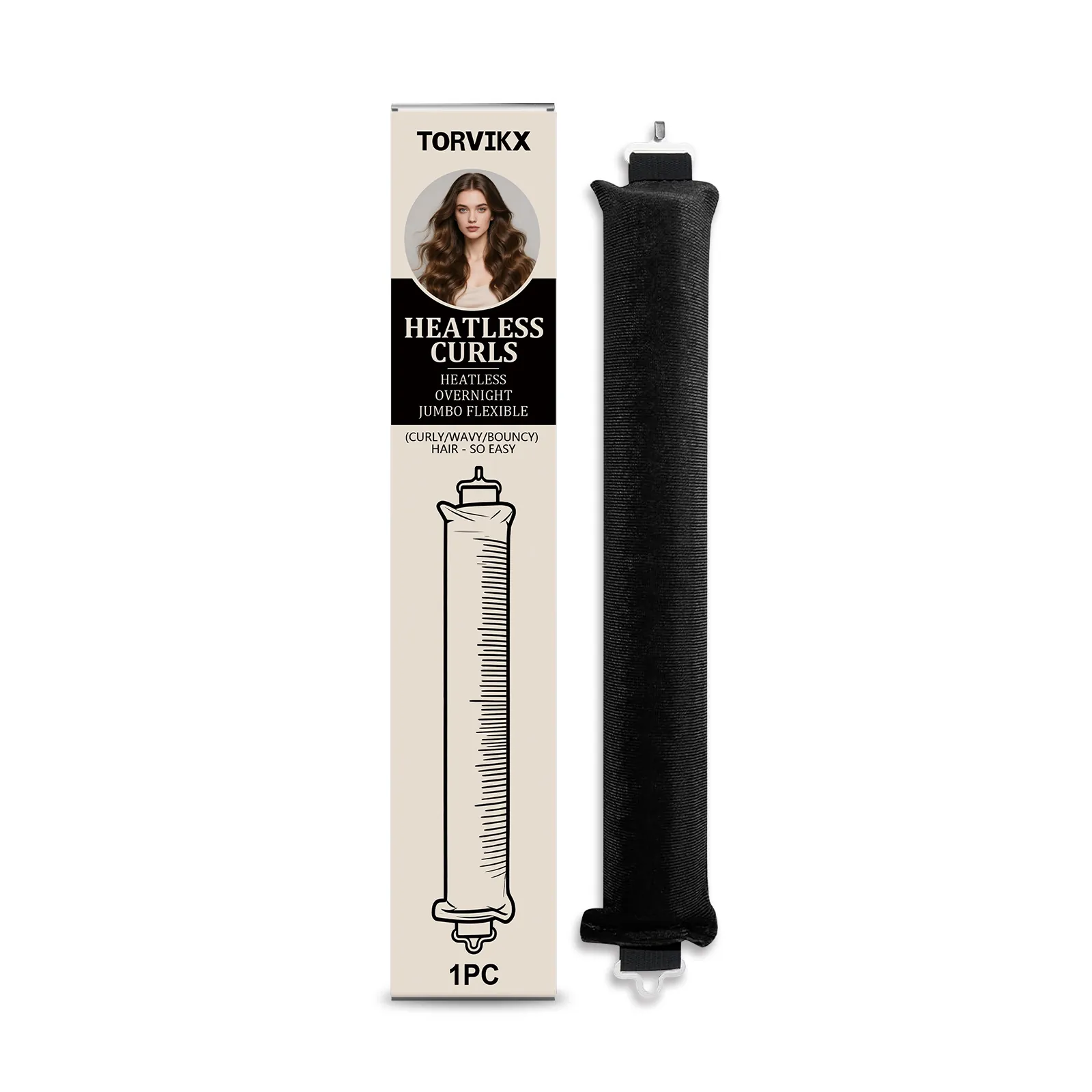 TORVIKX Heatless Hair Curler Black Satin Flannel Jumbo Flexible Overnight Hair Styling Tool For Natural Curls