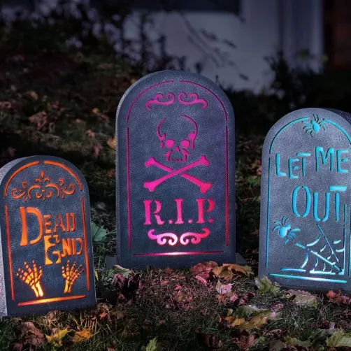 Halloween LED Leuchtende Grabstein Dekoration Grau Stein Textur Skelett RIP Grabmarker Für Outdoor Hof Party Requisiten