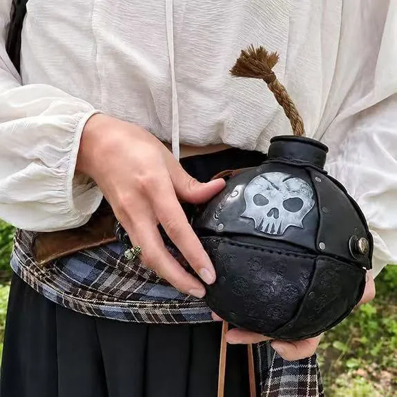 Halloween Pirate Bomb Handbag Punk Gothic Skull Round PU Leather Handbag With Hemp Rope Handle For Cosplay Party Festival