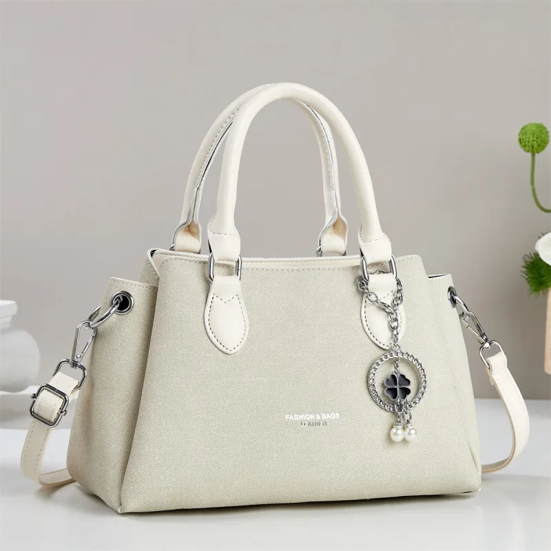 Sac à Bandoulière Minimaliste Patchwork de Couleurs pour Femmes Sac à Main Vintage en Cuir PU avec Pendentif Trèfle et Perle
