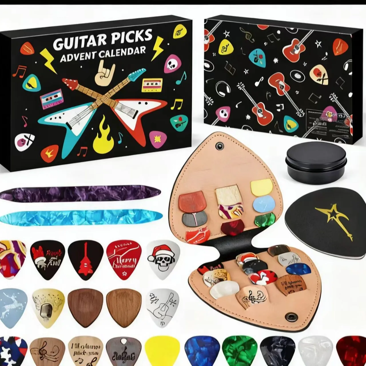 Gitaarplektrums Adventskalender 2024 Kerst Countdown Set Met Hart Lederen Houder Metalen Doos Rock Thema Muzikanten Cadeau