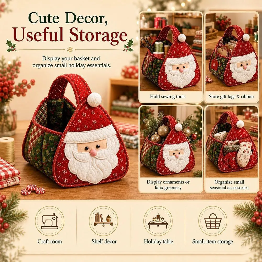 Handmade Quilted Christmas Carry Basket Character Santa Snowman Reindeer Gingerbread Man Festive Storage Basket DIY Gift Bag
