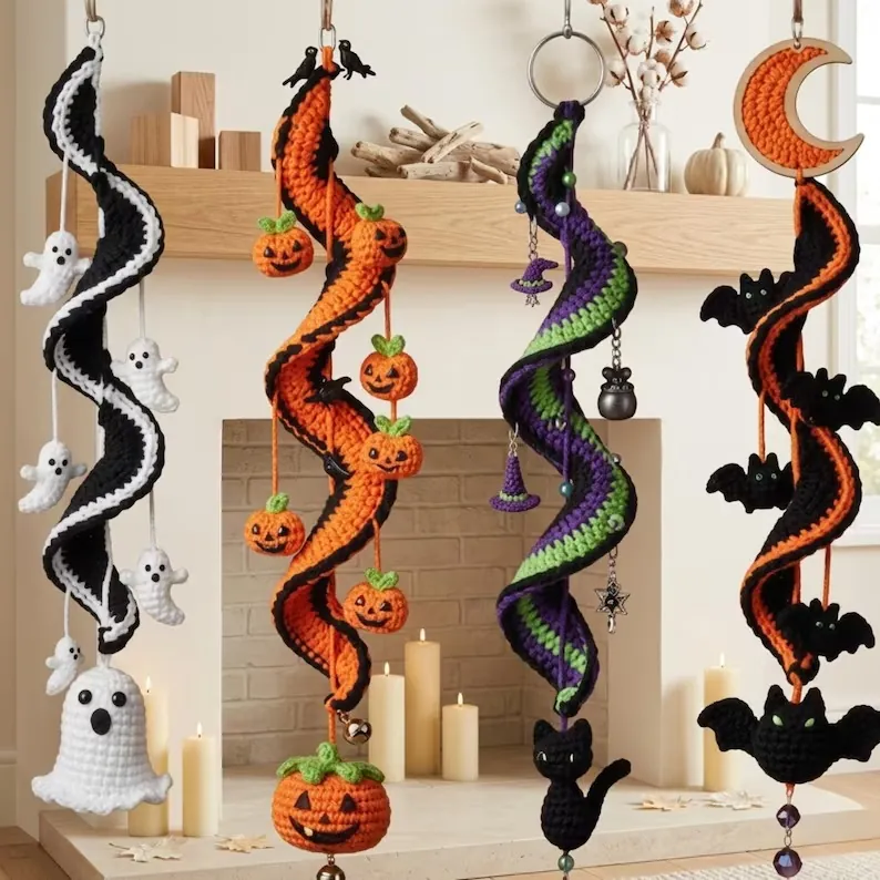 Handmade Halloween Crochet Spiral DIY Hanging Ornament Ghost Pumpkin Witch Hat Bat Festive Yarn Decor Home Party Pendant