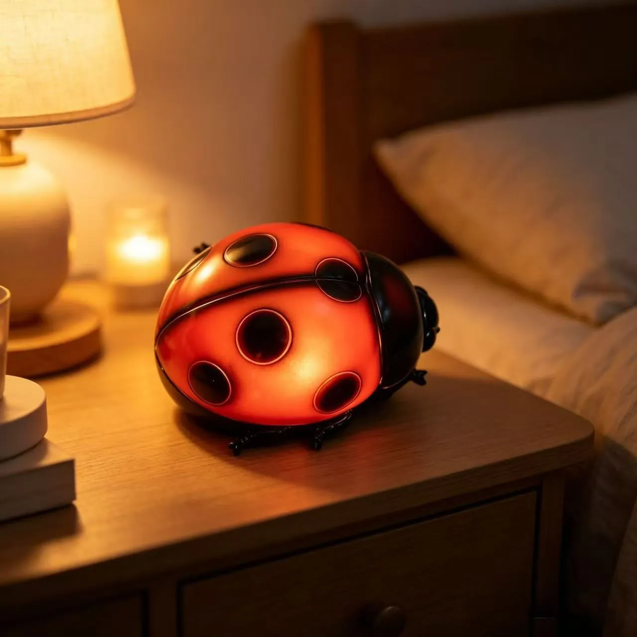 Luce Notturna Creativa a Forma di Coccinella in Resina Ornamento da Tavolo Divertente Animale Decorazione per Halloween Natale Lampada