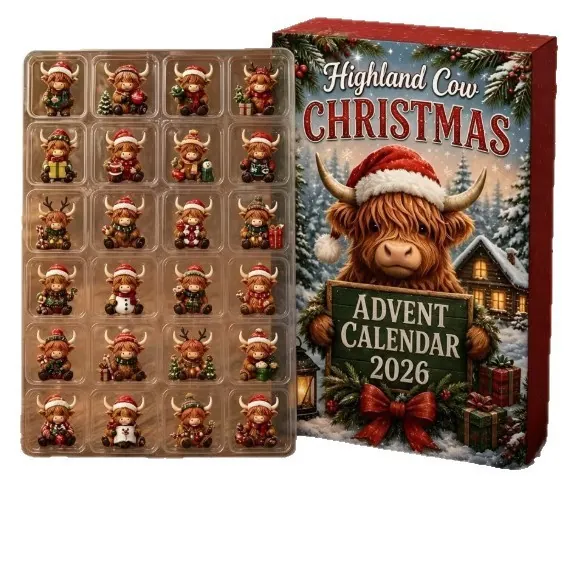 Calendrier de l'Avent Magique de Noël Vache des Highlands 2026 pour Enfants Adultes 24 Jours Compte à Rebours Boîte Mystère Figurines PVC