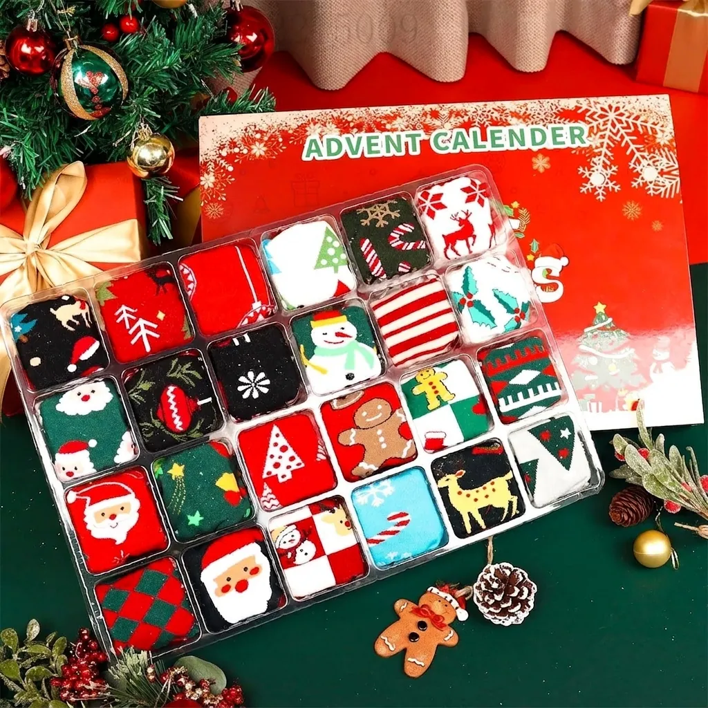 Weihnachten Adventskalender Countdown Blind Box Socken Set Mit Cartoon Weihnachtsmann Rentier Muster Feiertagsgeschenk Für Unisex