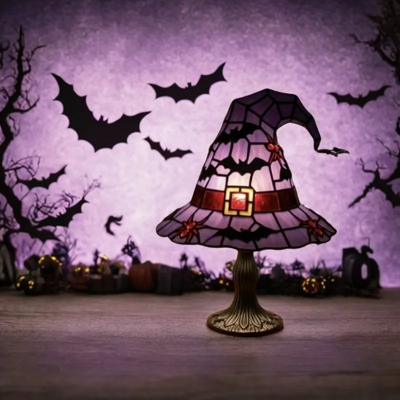Halloween Witch Hat Table Lamp Resin Tiffany Style Stained Glass Ornament Spooky Bat Spider Desktop LED Decor For Party
