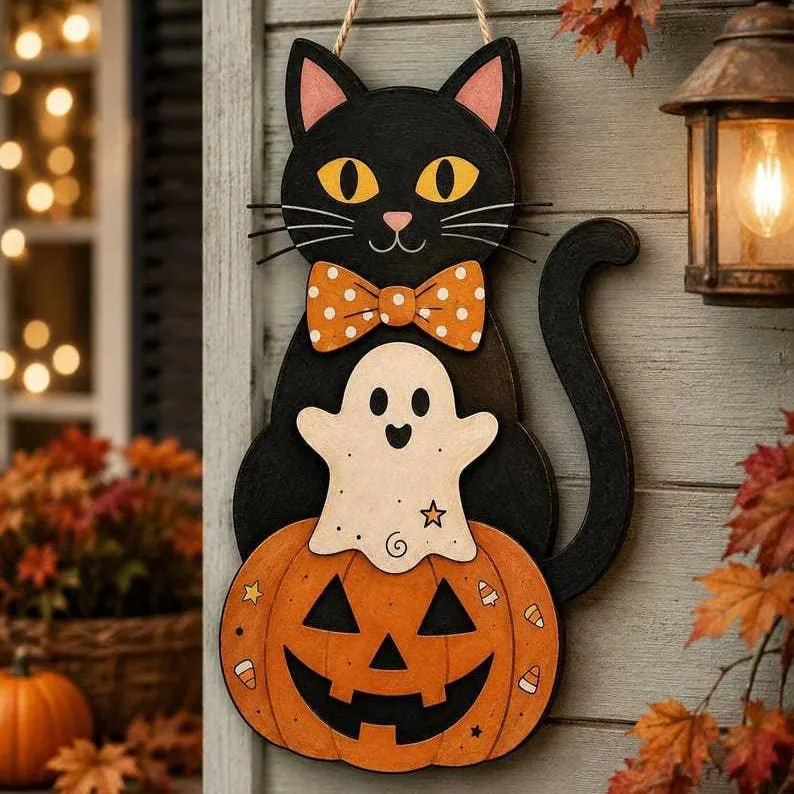 Cartel Colgante de Madera de Halloween Gato Negro Fantasma Calabaza Gancho de Puerta Jardín Exterior Adornos Decorativos