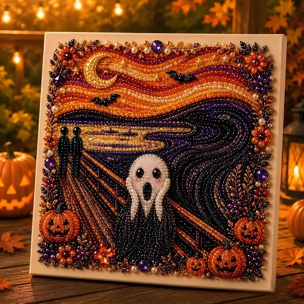 Halloween Theme DIY Pearl Art Kit 3D Artificial Pearl Painting Set With Wood Frame Witch Ghost Pumpkin For Home Party Decor