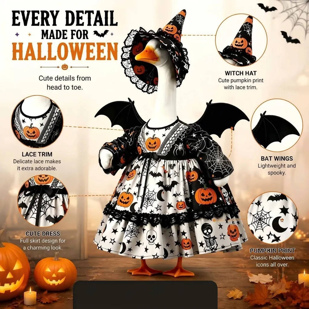 Halloween Veranda Gans Outfit Hexenhut Fledermaus Flügel Kürbis Totenkopf Muster Kleid Rasen Garten Statue Deko Zubehör