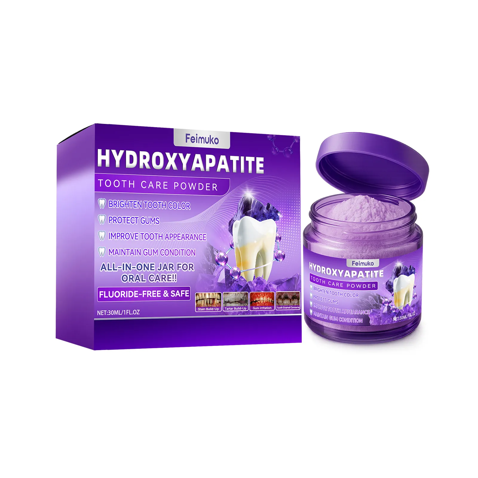 Feimuko Lila Hydroxyapatit Zahnpflegepulver Zahnweißung Sanfte Reinigung Zahnschmelzpflege Zahnfleischschutz Atem Erfrischer