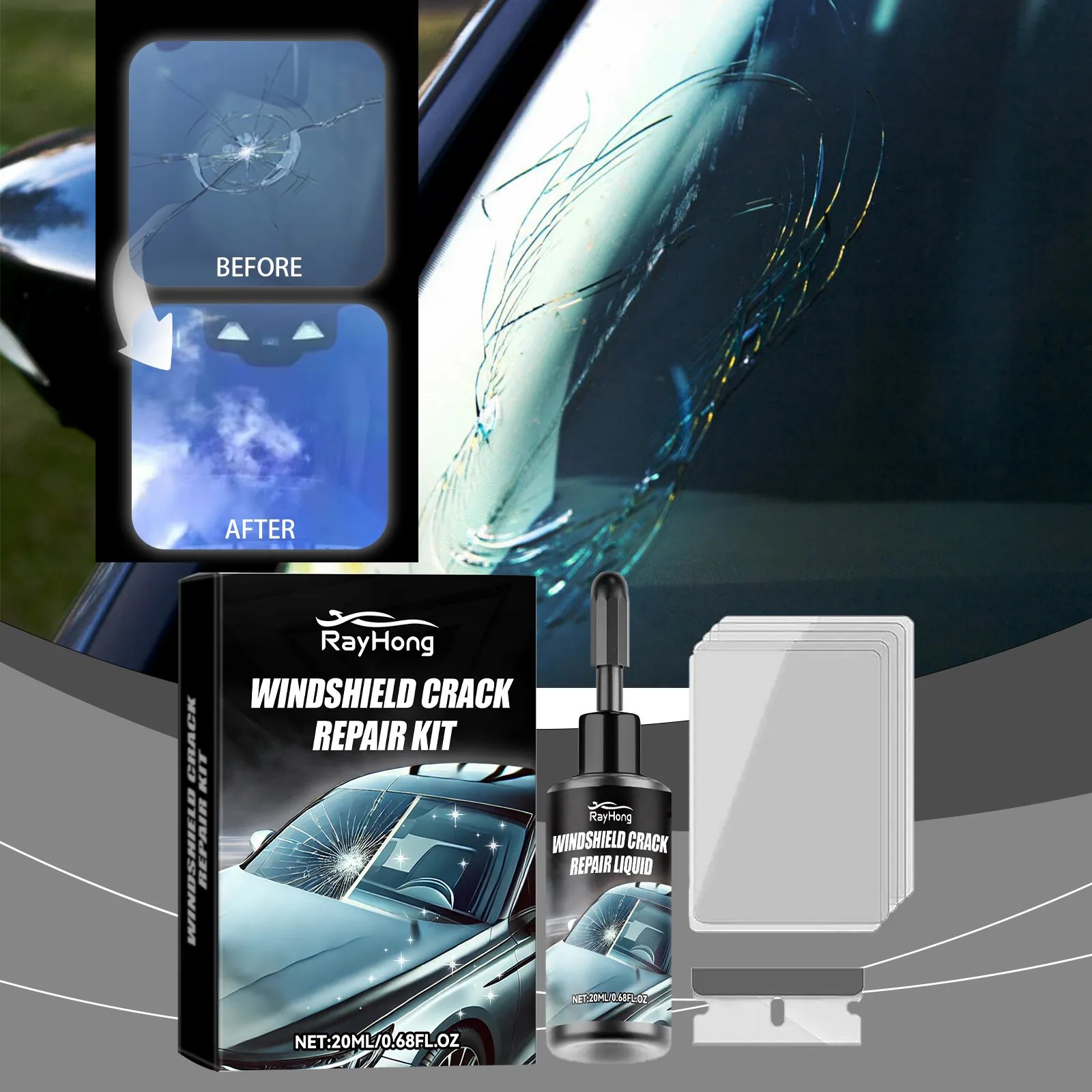 Professional Windshield Crack Repair Kit For Car Glass Restoration UV Adhesive Resin With Scraper Curing Film Clear Vision