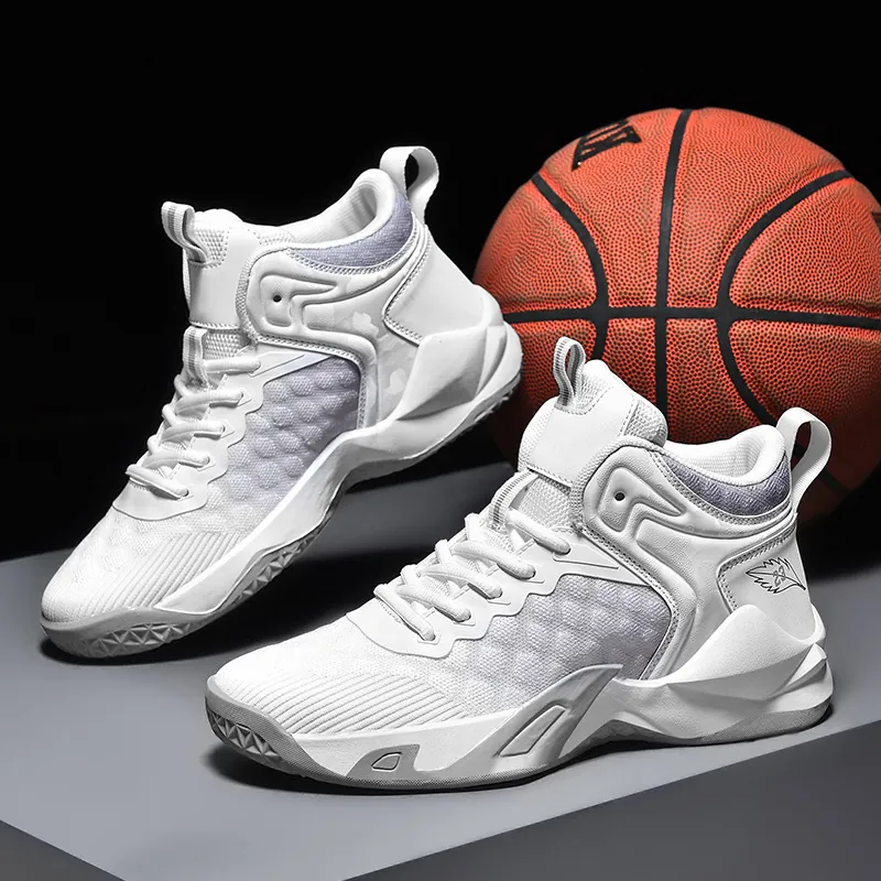 Men High Top Basketball Shoes Breathable Flyknit Synthetic Leather Sports Sneakers Non-Slip Shock Absorption Athletic Shoes
