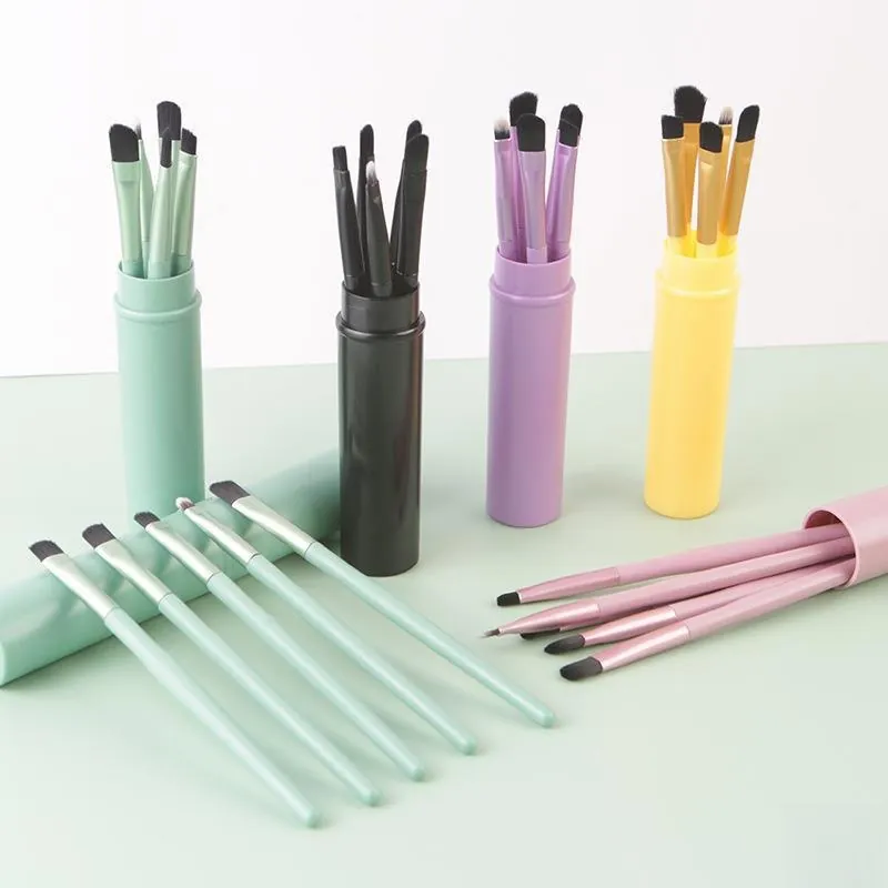 Portable 5 Pcs Makeup Brush Set With Cylindrical Storage Tube Soft Fiber Bristles Plastic Handle Travel Eye Beauty Tools