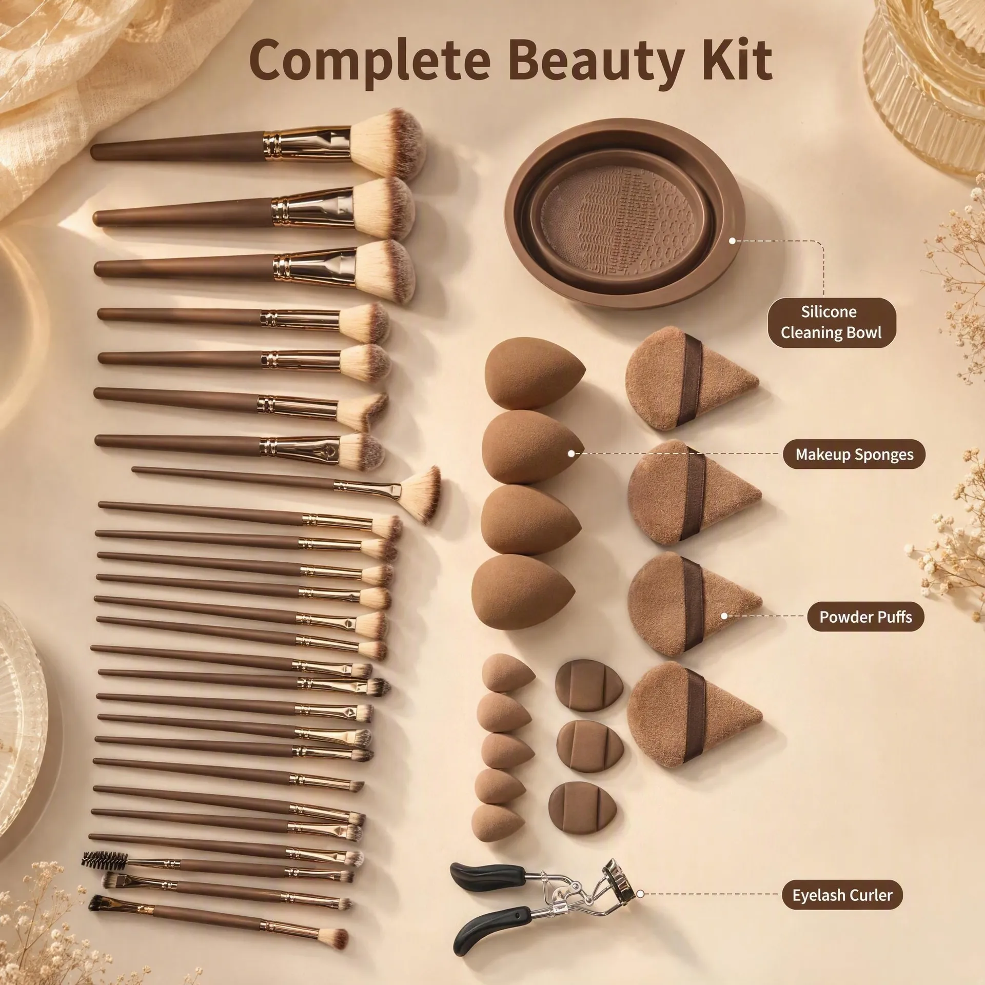 Kit Complet de Pinceaux de Maquillage Professionnels avec Éponges Recourbe-cils et Bol de Nettoyage en Fibres Synthétiques