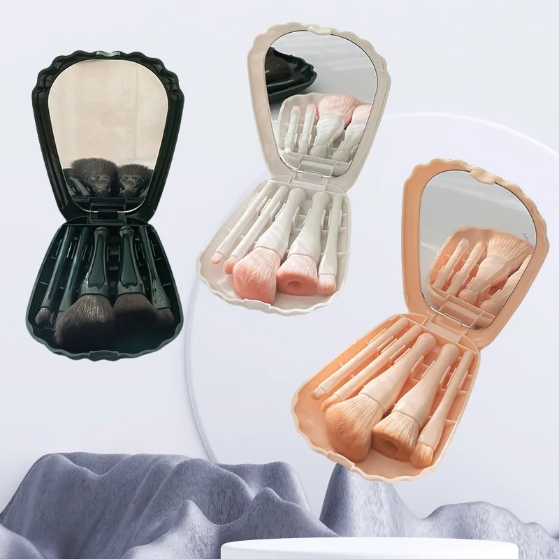 Draagbare Make-up Kwasten Schelpvormige Etui Met Spiegel Poeder Blush Oogschaduw Kwasten Reizen Cosmetica Tools Voor Vrouwen