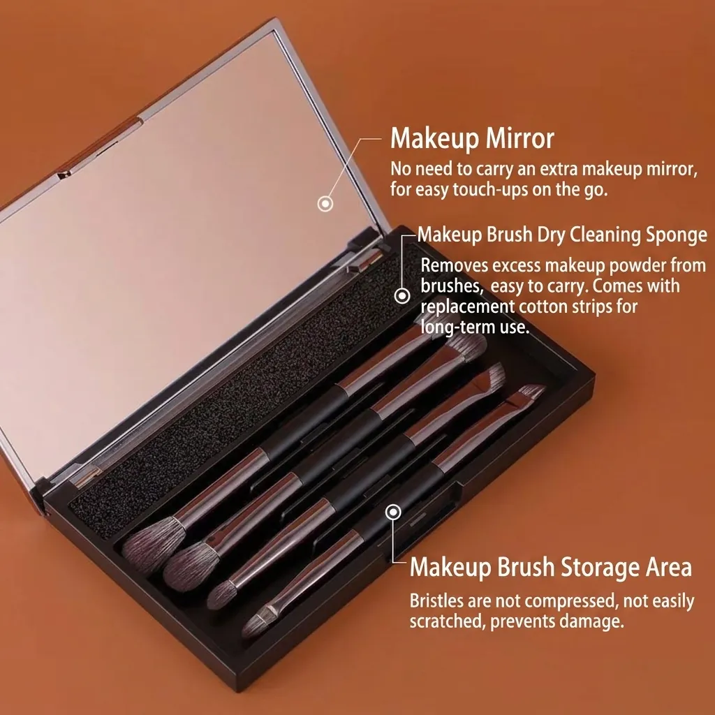 Juego de Brochas de Maquillaje Portátil 8 En 1 Con Caja de Espejo Pinceles para Sombra de Ojos de Doble Extremo para Viajes Kit de Cosmética Mujer