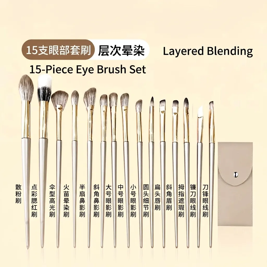 Collection de Pinceaux de Maquillage Or Champagne Outils Professionnels Fard à Paupières Poils Synthétiques Souples Avec Trousse