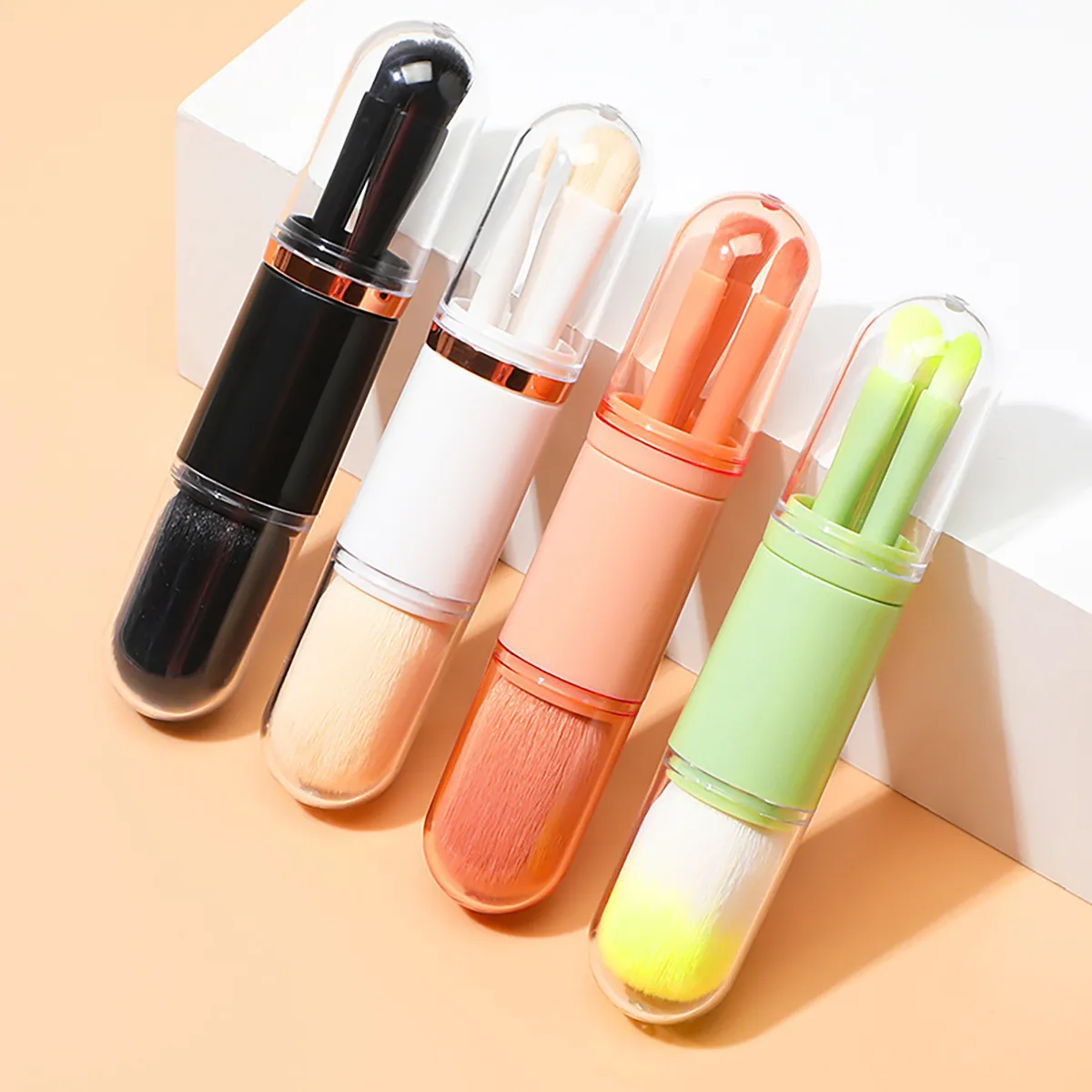 4 In 1 Retractable Makeup Brush Set Portable Powder Foundation Eyeshadow Lip Brush Synthetic Fiber Travel Cosmetics Tool
