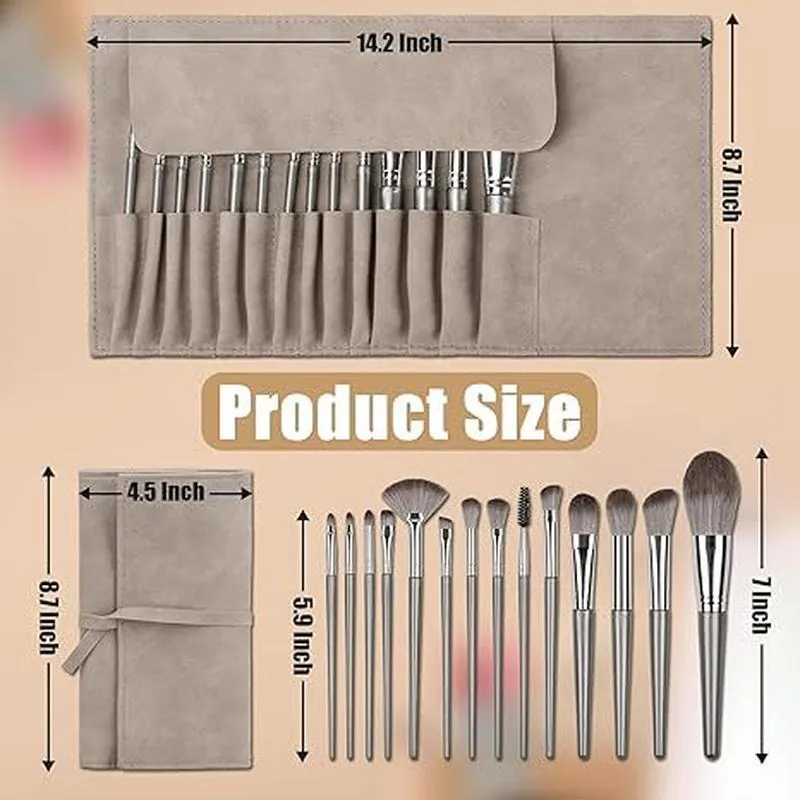 Professional 14 Pcs Makeup Brush Set Synthetic Fiber Bristles Grey Handle Foundation Powder Eye Shadow Cosmetic Tools
