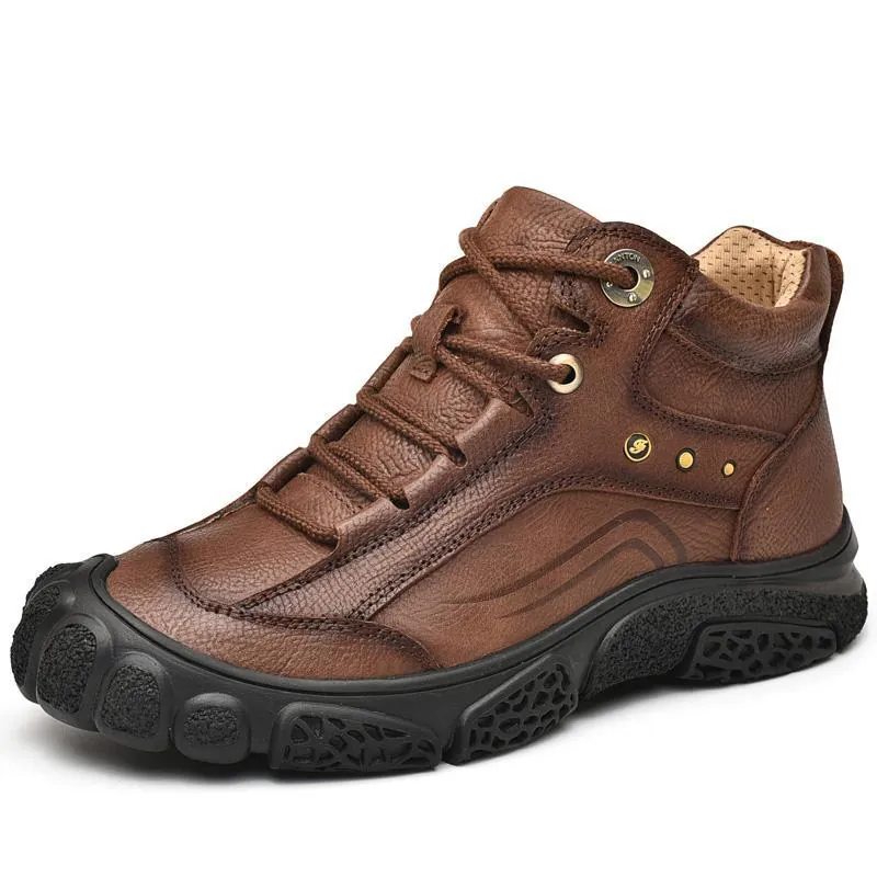 Men Top Layer Cowhide Outdoor Hiking Shoes Non-Slip Wear-Resistant Casual Walking Boots Collision Avoidance Protective Footwear