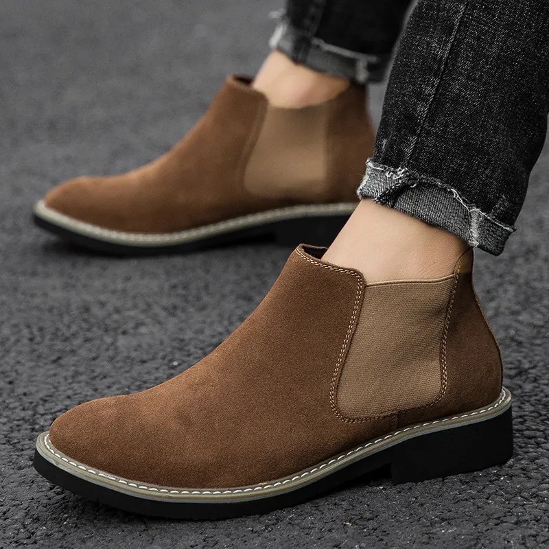 Men Suede Chelsea Boots Winter Warm Fleece Lined Martin Boots Large Size Non-Slip Rubber Sole British Casual Outdoor Shoes