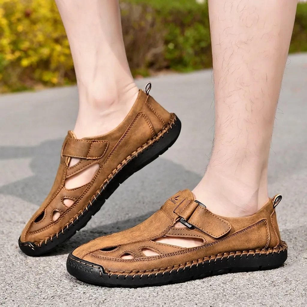 Sandali da Uomo all'Aperto a Punta Chiusa in Microfibra Pelle Intagliata Traspirante Scarpe Casual da Spiaggia Cuciti a Mano Suola in Gomma