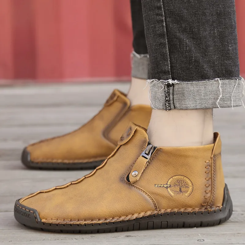 Men Martin Boots Outdoor Casual Microfiber Leather Work Boots Hand-sewn Side Zipper Warm Plush Lined Non-slip British Style Winter Boots