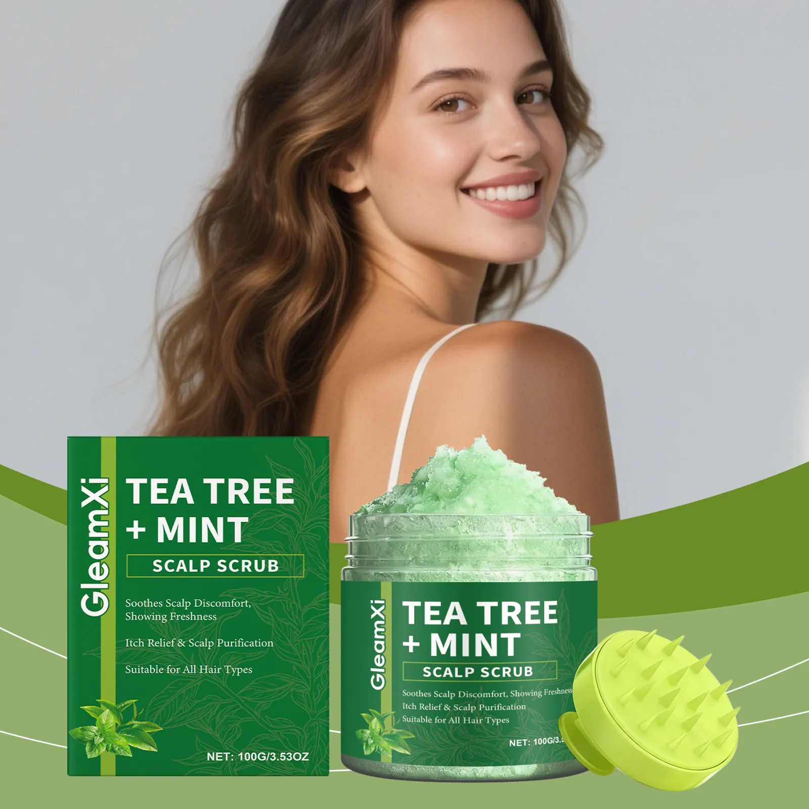 GleamXi Gommage Cuir Chevelu à l'Arbre à Thé Avec Brosse de Massage en Silicone Nettoyage en Profondeur Pour Cheveux Sains