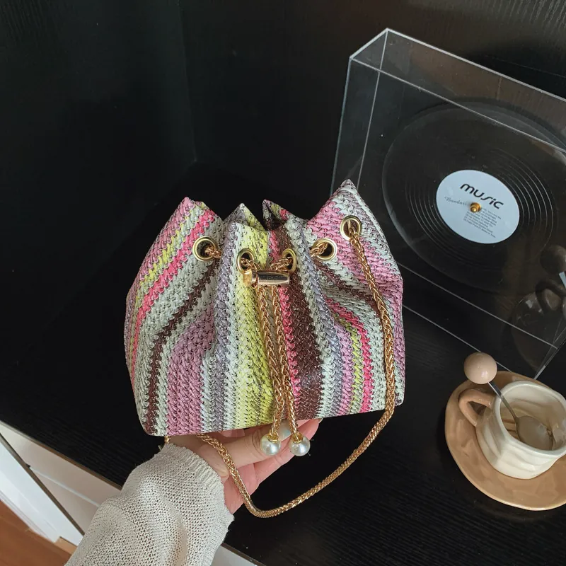 Women Rainbow Woven Bucket Bag Fashion Straw Shoulder Bag With Artificial Pearl Charm Gold Chain Strap Vacation Crossbody Handbag