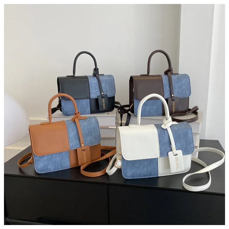 Sac à Épaule Femme Mode Patchwork Carreaux Cuir PU Denim Sac à Main Navette Bandoulière Petit Sac Carré Sac Fourre-tout