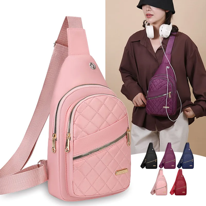 Women Quilted Nylon Chest Bag Diamond Pattern Crossbody Bag Lightweight Waterproof Large Capacity Waist Pack Daily Travel Purse