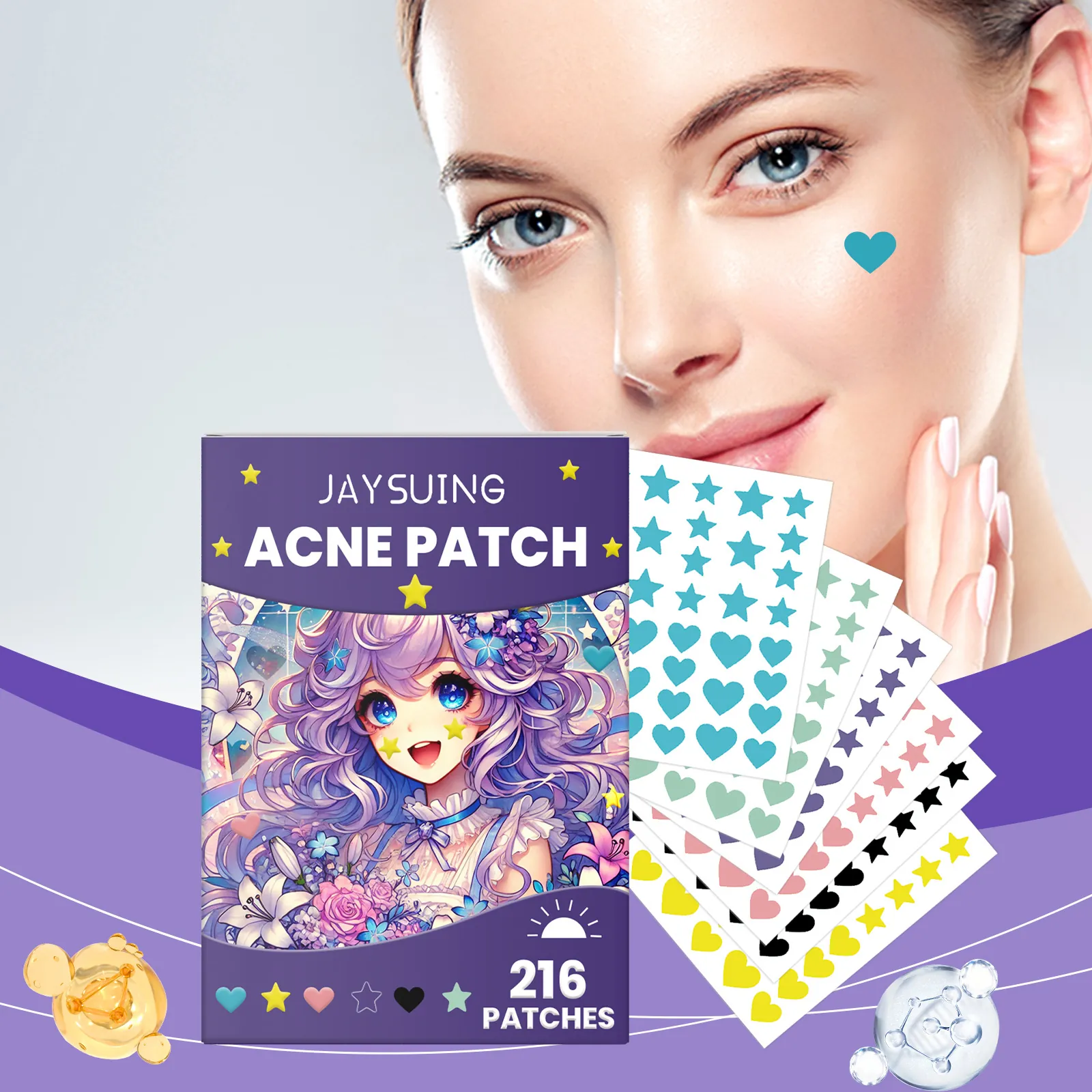 Jaysuing Acne Patch Multicolor Star Heart Shaped Hydrocolloid Pimples Pits Cover Soothing Repair Daily Skin Care Stickers
