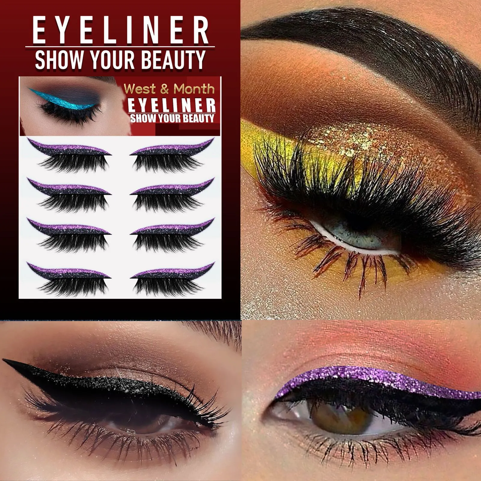 Autocollants Eyeliner Et Faux Cils Autocollants Imperméables Paillettes Scintillantes Outil De Maquillage Yeux Réutilisable Femme