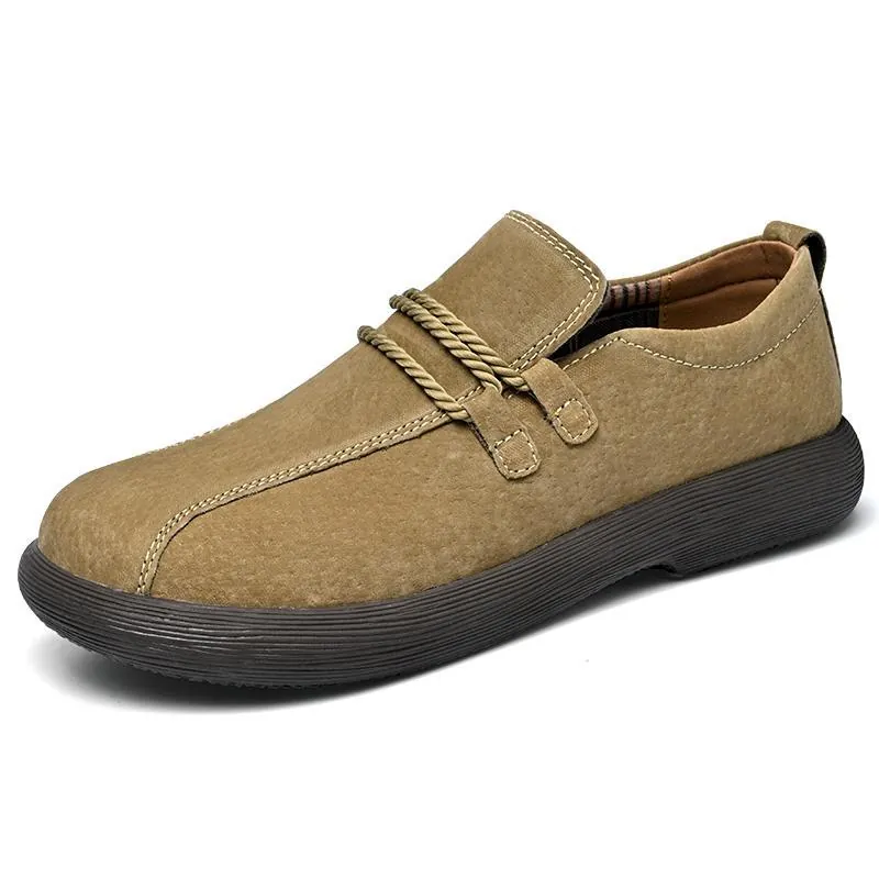 Men's Outdoor Casual Shoes Retro Split Pigskin Low Top Non-Slip Rubber Sole Loafers With Braided Rope Decor A1892 Big Size
