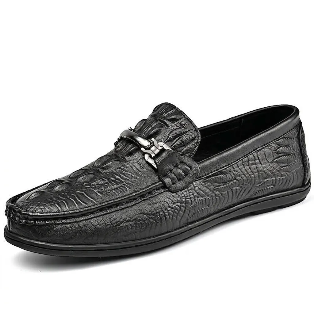 Mocasines de Cuero Genuino con Patrón de Cocodrilo para Hombre Zapatos de Conducción Informales con Detalle de Metal Negro