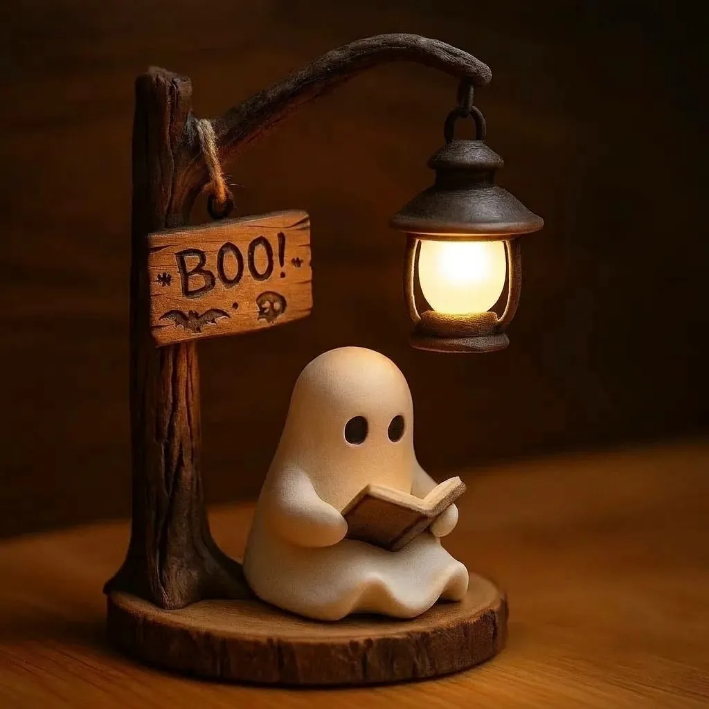 Halloween Cute Ghost Reading Lantern Ornament Resin LED Glowing Pumpkin Witch Figurine Desktop Decor For Party Home Gift