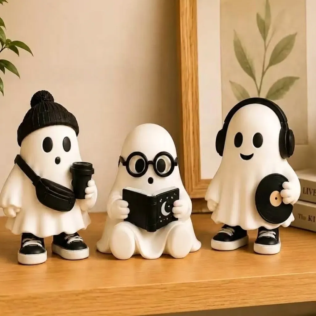 Figurine de Fantôme Mignon d'Halloween Statue en Résine Fantôme Lisant Café Musique Décoration pour Maison Fête d'Halloween