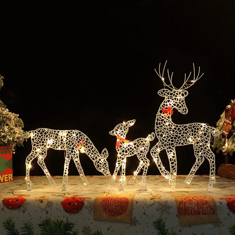 Light Up Christmas Iron Deer Set White Hollow Metal Reindeer Figurine With LED Lights And Red Bow For Holiday Tabletop Decor